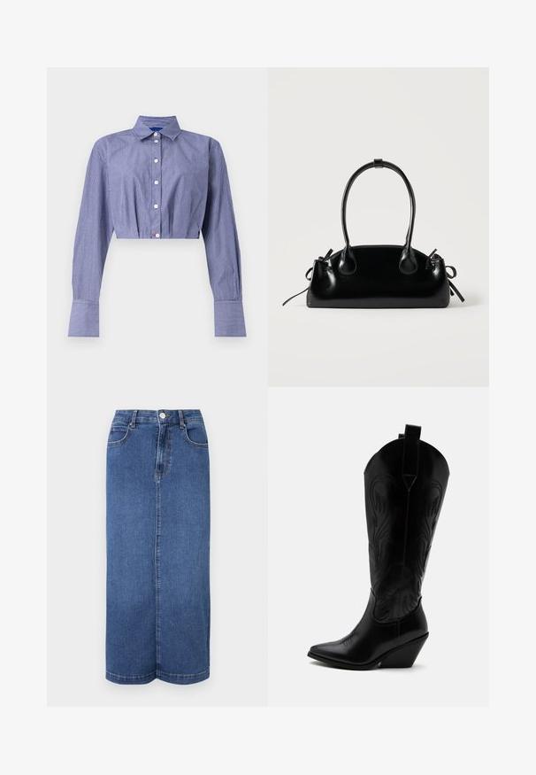 Gestreept blauw cropped shirt met een knoopsluiting aan de voorkant, lange mouwen, klassieke kraag en brede manchetten. Gemaakt van lichtgewicht stof.; Denim maxi rok in donkerblauw, met een rechte snit, een tailleband met knoopsluiting en minimale stikdetails.; Zwarte leren cowboylaars met puntige neus, schuine blokhak, decoratieve stiksels en aantreklusjes bovenaan tegen een witte achtergrond.; Kleine zwarte glanzende handtas met twee lange hengsels en zijkant trekkoord details op een effen lichte achtergrond.