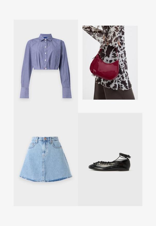 Gestreept blauw cropped shirt met een knoopsluiting aan de voorkant, lange mouwen, klassieke kraag en brede manchetten. Gemaakt van lichtgewicht stof.; Lichtblauwe A-lijn spijkerrok met een rafelrand, vijf zakken en een knoopsluiting. Voorzien van koperkleurige hardware en subtiele stikseldetails.; Zwarte ballerina's van lakleer met een afgeronde neus, veterdesign en een platte zool. Glad oppervlak met minimale details.; Vrouw met een zwart-wit gebloemde blouse houdt een glanzende rode schoudertas vast tegen een effen achtergrond.