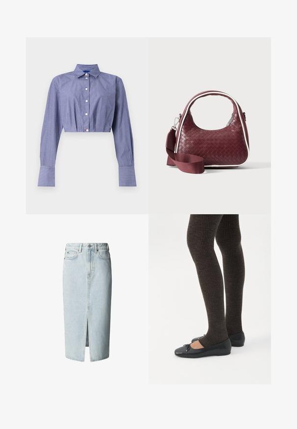 Stribet blå cropped skjorte med knaplukning foran, lange ærmer, klassisk krave og brede manchetter. Fremstillet af letvægtsstof.; Lyseblå denim midi nederdel med frontslids, bæltestropper, knap- og lynlåsfastgørelse samt for- og baglommer.; Ben iført mørke ribbede leggings kombineret med sorte balletsko med små sløjfedetaljer på hvid baggrund.; Mørkerød vævet lædertaske med buet hank, hvid kant, sølv lynlås og aftagelig bred stofskulderrem mod en ensfarvet baggrund.