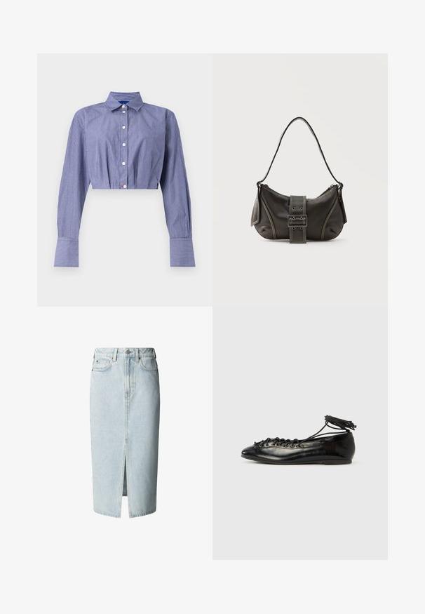 Chemise courte rayée bleue avec un devant boutonné, des manches longues, un col classique et des poignets larges. Fabriquée en tissu léger.; Jupe midi en denim bleu clair avec fente devant, passants de ceinture, fermeture par bouton et zip, ainsi que poches avant et arrière.; Ballerines en cuir verni noir avec un bout rond, un design à lacets et une semelle plate. Texture lisse avec peu de détails.; Sac à épaule en cuir noir avec une sangle à boucle, des bords arrondis et des coutures blanches contrastées sur un fond uni.