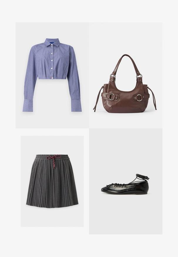 Gestreept blauw cropped shirt met een knoopsluiting aan de voorkant, lange mouwen, klassieke kraag en brede manchetten. Gemaakt van lichtgewicht stof.; Donkergrijze geplooide rok met een elastische tailleband en een gebonden bordeaux koord aan de voorkant in het midden.; Zwarte ballerina's van lakleer met een afgeronde neus, veterdesign en een platte zool. Glad oppervlak met minimale details.; Bruine leren handtas met ronde vorm, zilveren hardware, twee zijriemen en een gladde textuur. Beschikt over een enkele handgreep aan de bovenkant.
