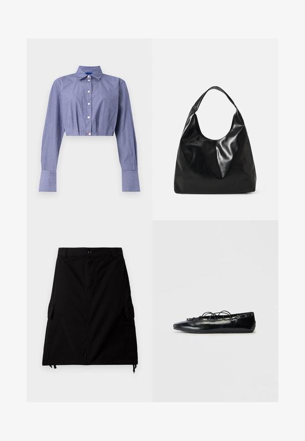 Gestreept blauw cropped shirt met een knoopsluiting aan de voorkant, lange mouwen, klassieke kraag en brede manchetten. Gemaakt van lichtgewicht stof.; Zwarte cargorok van een katoenmengsel met een rechte snit, voorzien van zijzakken, een voorste knoopsluiting en een verstelbare drawstring onderrand.; Zwarte puntige platte schoen met vetersluiting en oogjes langs de randen, weergegeven op een witte achtergrond.; Zwarte leren hobo tas met een zachte, glanzende textuur en een ronde, open bovenkant. Voorzien van een brede, gebogen schouderband om te dragen. Geen zichtbare hardware.