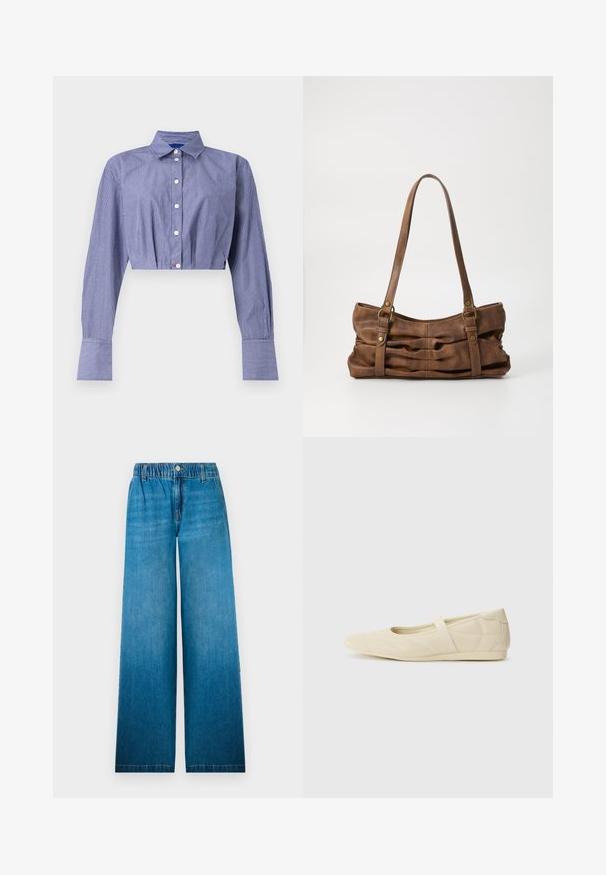 Stribet blå cropped skjorte med knaplukning foran, lange ærmer, klassisk krave og brede manchetter. Fremstillet af letvægtsstof.; Bredbåndede jeans i lys blå denim, med en elastisk talje, en knaplukning og et lige snitdesign med en falmet effekt.; Lysebrune ballet flats med en glat læderoverflade, mandelformet tå og elastisk rem over vristen, med diskrete syninger.; Even&Odd Håndtasker - brown