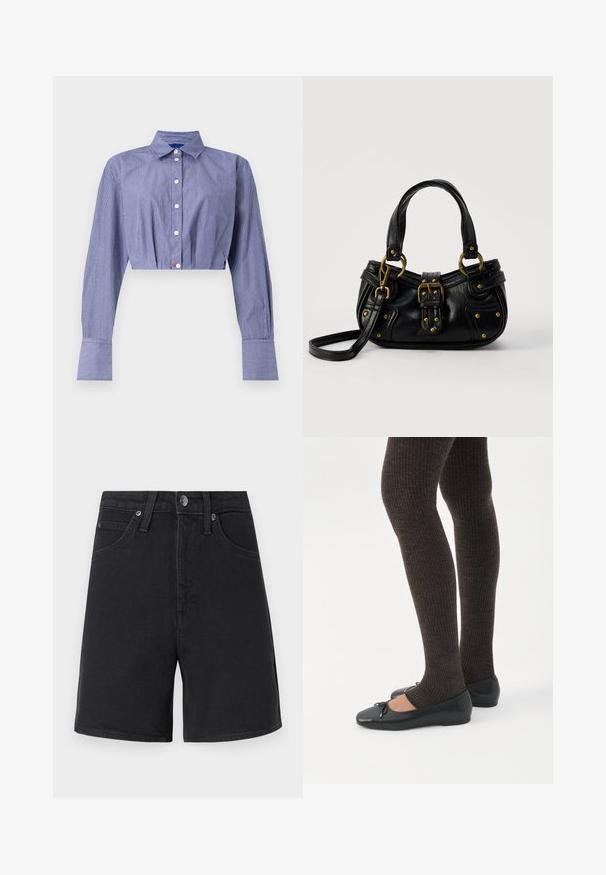 Camisa corta de rayas azules con frente abotonado, manga larga, cuello clásico y puños anchos. Confeccionada en tela ligera.; Shorts de mezclilla negra con corte recto, cinco bolsillos, cierre de botón metálico y detalles de costura sutiles. Textura de tela suave, tiro medio.; Piernas con leggings oscuros acanalados combinados con bailarinas negras que presentan pequeños detalles de lazo sobre un fondo blanco.; Bolso de cuero negro con hebilla y detalles de remaches dorados, asas cortas y una correa de hombro ajustable sobre un fondo blanco liso.