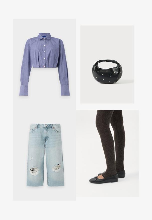 Camisa corta de rayas azules con frente abotonado, manga larga, cuello clásico y puños anchos. Confeccionada en tela ligera.; Pantalones cortos de mezclilla azul claro con un corte holgado, que presentan dos grandes desgastes en la parte delantera. Cinco bolsillos y un cierre metálico visible.; Piernas con leggings oscuros acanalados combinados con bailarinas negras que presentan pequeños detalles de lazo sobre un fondo blanco.; Bolso de mano de cuero negro con forma redondeada, decorado con detalles de tachuelas plateadas y un asa corta. Textura lisa y cierre con cremallera.