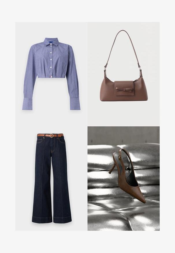 Gestreept blauw cropped shirt met een knoopsluiting aan de voorkant, lange mouwen, klassieke kraag en brede manchetten. Gemaakt van lichtgewicht stof.; Donkerblauwe denim wijde pijpen jeans met een hoge taille, een brown riem en zichtbare stikseldetails. Bevat voorzakken en heeft een relaxed fit.; Bruine leren slingback met hoge hak zwevend boven een glanzende, zilveren, getufte leren bank.; Bruine leren schoudertas met een voorvak met klep en een gestikte strikdetail en een verstelbare band.