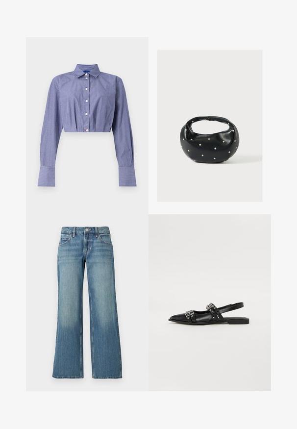 Camisa corta de rayas azules con frente abotonado, manga larga, cuello clásico y puños anchos. Confeccionada en tela ligera.; Jeans de mezclilla azul claro con diseño de pierna ancha, cintura de altura media, bolsillos delanteros y sutiles desgastes, mostrando una textura suave.; Even&Odd by Zalando Bailarinas con tira trasera - black; Bolso de mano de cuero negro con forma redondeada, decorado con detalles de tachuelas plateadas y un asa corta. Textura lisa y cierre con cremallera.