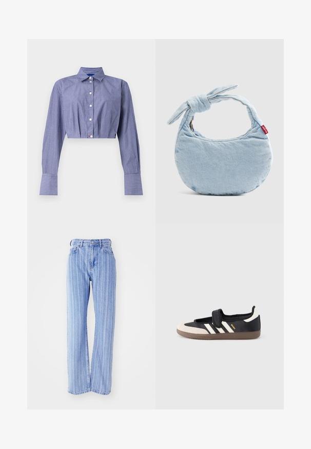 Stribet blå cropped skjorte med knaplukning foran, lange ærmer, klassisk krave og brede manchetter. Fremstillet af letvægtsstof.; Lyseblå denimjeans med vertikale hvide striber, høj talje, løs pasform, fem lommer og knaplukning.; Sort og beige sko med velcrolukning, tre hvide striber på siden og en tekstureret brun gummisål. Mærkelogo er synligt.; Lyseblå denim skuldertaske med knudedetalje på håndtaget og en lille rød Levi's-mærkat på siden.