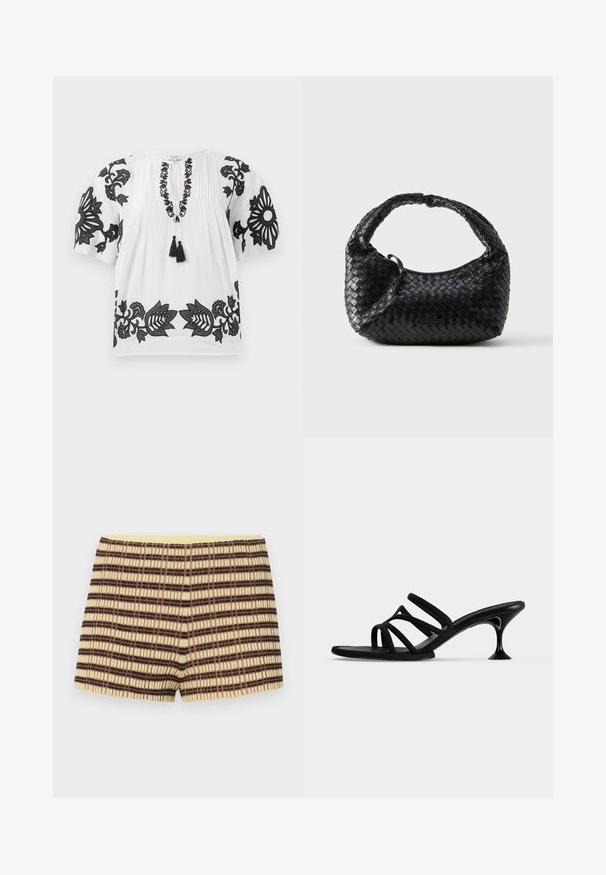 Weiße Bluse mit kurzen Ärmeln und schwarzer floraler Stickerei an den Ärmeln, dem Ausschnitt und dem Saum, mit einer Bindeschnur vorne, die zwei schwarze Quasten hat.; Beige gestrickte Shorts mit braunen und schwarzen Streifen; sie verfügen über eine gerippte Textur und einen elastischen gelben Bund.; Schwarze Mule-Sandale mit vier dünnen Riemen und einem ausgestellten Kitten-Heel auf hellem einfarbigem Hintergrund.; Schwarze gewebte Handtasche mit abgerundeter Form, strukturierter Oberfläche und einem gebogenen Henkel. Verfügt über ein dezentes Logo-Detail auf der Vorderseite.
