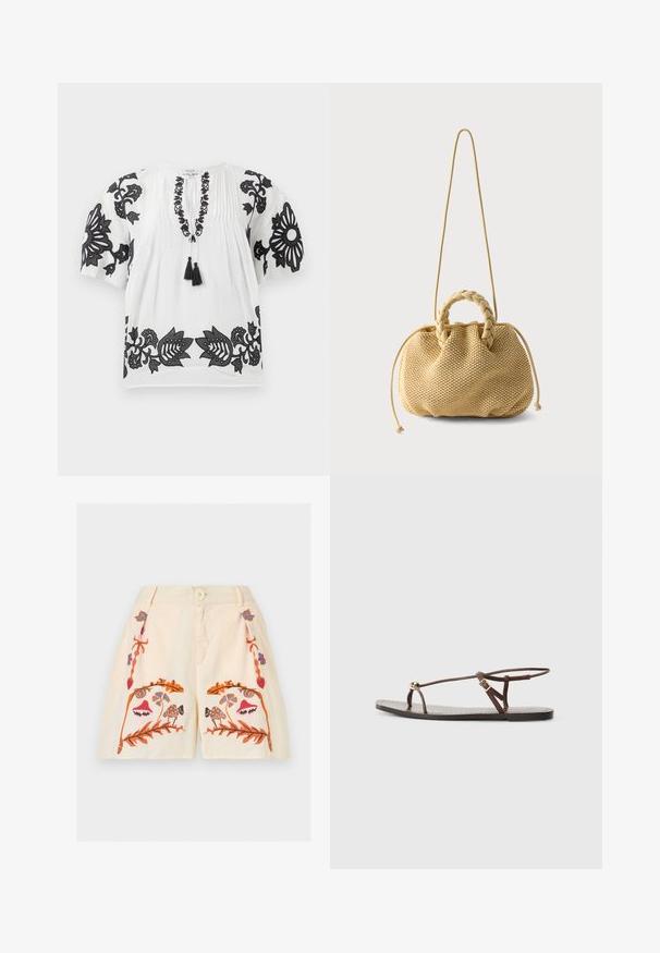 Weiße Bluse mit kurzen Ärmeln und schwarzer floraler Stickerei an den Ärmeln, dem Ausschnitt und dem Saum, mit einer Bindeschnur vorne, die zwei schwarze Quasten hat.; Cremefarbene Shorts mit Frontknopf, Reißverschluss und bestickten symmetrischen Blumen- und Pilzmuster in Orange, Pink, Blau und Braun.; Braune Leder-Sandale mit dünnen Riemen, einem goldenen, runden Akzent und einer flachen Sohle. Minimalistisches Design mit einem verstellbaren Schnallen-Detail.; Beige gewebte Handtasche mit geflochtenen oberen Griffen, Kordelzugseiten und langem dünnem Schulterriemen auf schlichtem weißem Hintergrund.
