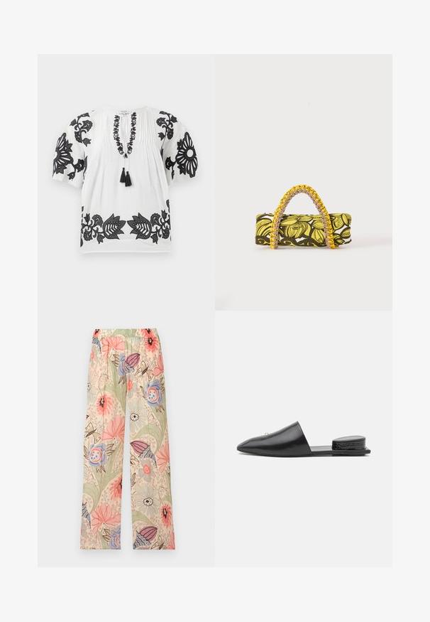 Weiße Bluse mit kurzen Ärmeln und schwarzer floraler Stickerei an den Ärmeln, dem Ausschnitt und dem Saum, mit einer Bindeschnur vorne, die zwei schwarze Quasten hat.; Hose mit weitem Bein und elastischem Bund, mit einem pastellfarbenen Blumen- und Schmetterlingsmuster in Rosa-, Blau-, Grün- und Beigetönen.; Schwarze Leder-Pantoletten mit spitzem Zehenbereich, minimalistischen Design und strukturiertem Akzent an der Ferse. Glatte Oberfläche und flache Sohle.; Rechteckige Tasche mit gelbem und schwarzem Blumenmuster und geflochtenem gelb-pinkem Griff auf weißem Hintergrund.