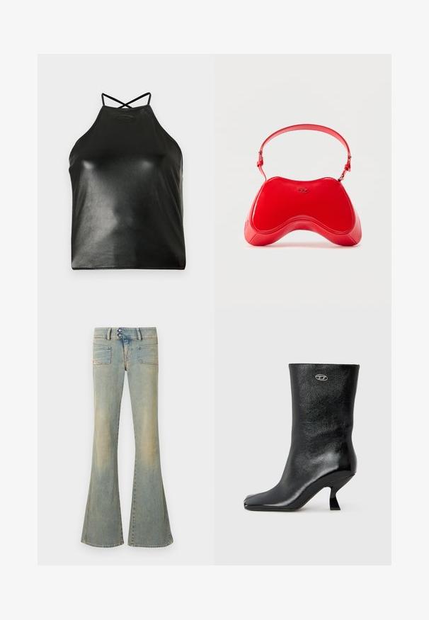 Haut noir à col licou en similicuir brillant. Dispose de bretelles croisées dans le dos et d'un logo discret embossé près de l'encolure.; Jean évasé bleu en denim, présentant une finition délavée, deux poches avant, deux poches arrière, et une fermeture à double bouton à la taille.; Bottine en cuir noir avec une finition brillante, un bout carré et un design de talon incurvé unique. Elle présente un petit logo métallique en accent.; Sac en cuir verni rouge avec une forme incurvée et ergonomique, doté d'une fine sangle réglable et d'un discret logo sur le devant.