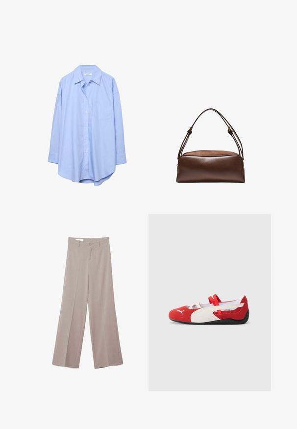 Chemise bleu clair à manches longues avec col pointu et poche poitrine, présentée sur un fond blanc.; Pantalon large beige avec devant plat, deux poches avant, fermeture par bouton, et une finition de tissu lisse légèrement texturé.; Chaussures en daim rouges et blanches avec un profil bas, dotées de bandes élastiques et d'une semelle en caoutchouc noir texturé. Logo Puma sur le côté.; Sac à main rectangulaire en cuir et suède marron avec bords arrondis et bandoulière réglable avec boucles dorées.