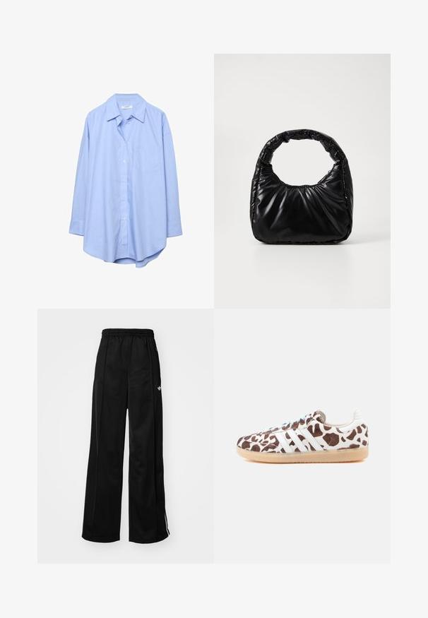 Chemise bleu clair à manches longues avec col pointu et poche poitrine, présentée sur un fond blanc.; Pantalons de survêtement larges noirs avec une taille élastique, ornés de bandes latérales blanches et d'un petit logo sur la hanche gauche. Texture de tissu lisse.; Baskets marron et blanches avec un motif imprimé vache, arborant trois bandes blanches, des lacets bleu clair et une semelle en caoutchouc naturel.; Sac à main noir rembourré avec une poignée arrondie, présentant une surface lisse et brillante ainsi qu'une texture douce et matelassée. Pas de quincaillerie ou d'accents visibles.