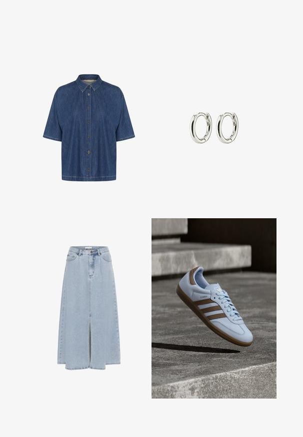 Donkerblauwe spijkerblouse met korte mouwen, voorzien van een puntige kraag en een sluiting met knopen aan de voorkant; zachte textuur met zichtbare stikdetails.; Lichtblauwe denim midirok met een voorsplit met rits, broekriemlussen, knoopsluiting en zijzakken.; Lichtblauwe sneaker met bruine suède accenten, voorzien van drie zijstrepen, platte veters en een getextureerde gumzool. Merkembleem op de tong.; Zilveren creolen met een gladde, glanzende afwerking. Geronde vorm met een veilige sluiting. Minimalistisch ontwerp met een subtiele draai-detail.
