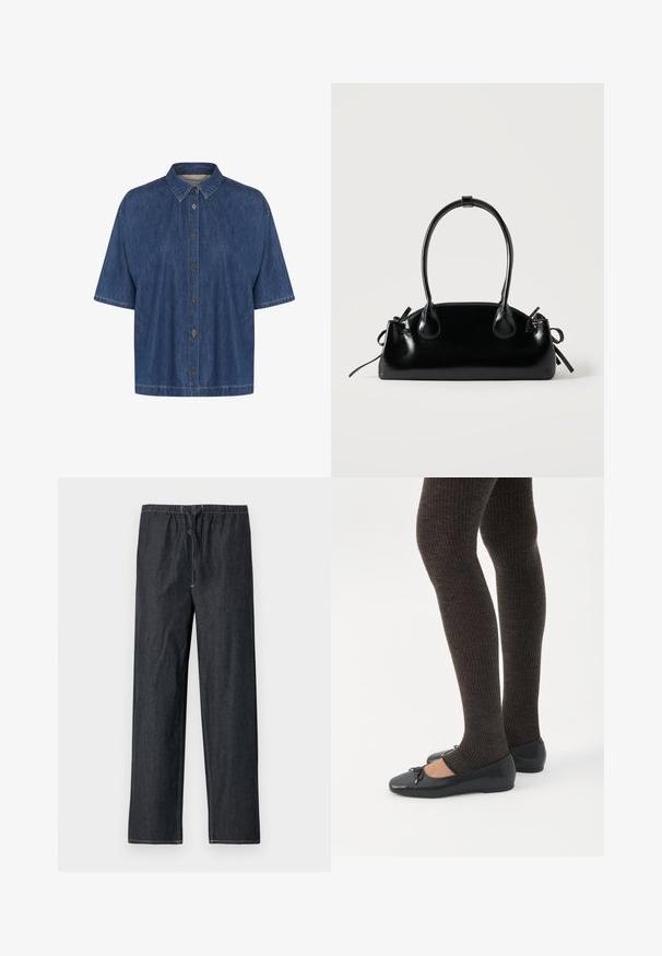 Camisa de denim de manga corta en azul oscuro, con cuello puntiagudo y cierre frontal con botones; textura suave con detalles de costura visibles.; Pantalones de mezclilla oscura con cintura elástica y cordón ajustable, con un diseño de pierna recta y detalles de costuras en contraste.; Piernas con leggings oscuros acanalados combinados con bailarinas negras que presentan pequeños detalles de lazo sobre un fondo blanco.; Pequeño bolso negro brillante con dos asas largas y detalles de cordón lateral sobre un fondo claro liso.