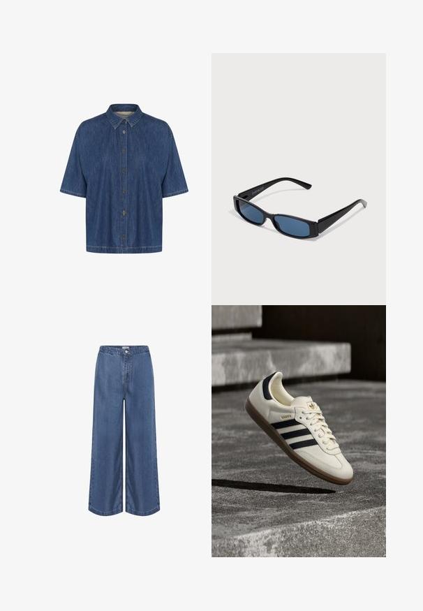 Camisa de denim de manga corta en azul oscuro, con cuello puntiagudo y cierre frontal con botones; textura suave con detalles de costura visibles.; Vaqueros azul con pierna ancha, cierre de botón y cremallera, y costuras visibles a lo largo de las costuras y dobladillos.; Zapatilla blanca Adidas Samba con franjas negras y suela de goma, flotando sobre escalones de hormigón gris texturizado.; Gafas de sol negras con una elegante montura rectangular y lentes azules. Presentan una textura suave y varillas resistentes. Logo de la marca en el costado.