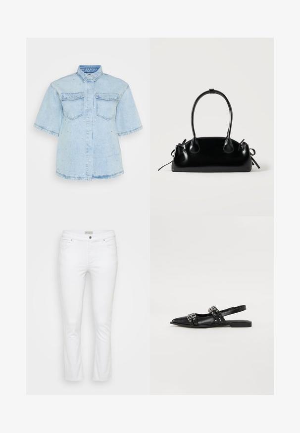 Helles Blues Denimhemd mit kurzen Ärmeln, ausgestattet mit zwei Fronttaschen und verziert mit kleinen silbernen Nieten entlang des gesamten Hemdes.; Weiße Denim-Jeans mit geradem Bein. Verfügt über fünf Taschen, einen oberen Knopfverschluss und silberfarbene Hardware mit einer glatten Textur.; Even&Odd by Zalando Sling-Ballerina - black; Kleine schwarze glänzende Handtasche mit zwei langen Griffen und seitlichen Kordelzug-Details vor einfachem hellem Hintergrund.