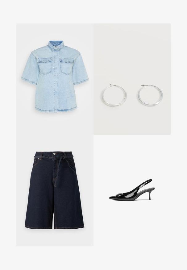 Helles Blues Denimhemd mit kurzen Ärmeln, ausgestattet mit zwei Fronttaschen und verziert mit kleinen silbernen Nieten entlang des gesamten Hemdes.; Dunkelblaue Jeans-Shorts in Knielänge mit seitlichen und hinteren Taschen, vorderem Knopfverschluss und einem gebundenen Stoffgürtel in der Taille.; Schwarze patentierte Slingback-Absätze mit spitzem Zehenbereich und glänzender Oberfläche. Besitzt einen schlanken Absatz und eine abgerundete Akzentuierung am Schuhoberteil.; Silberne Metallcreolen mit glatter, leicht gebogener Oberfläche und Klappverschluss vor schlicht weißem Hintergrund.