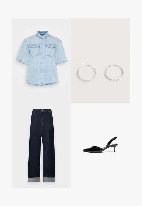 Helles Blues Denimhemd mit kurzen Ärmeln, ausgestattet mit zwei Fronttaschen und verziert mit kleinen silbernen Nieten entlang des gesamten Hemdes.; Dunkelblaue Jeans mit hoher Taille und weitem Bein, kontrastierenden umgeschlagenen Säumen und sichtbarer oranger Naht auf einfachem weißem Hintergrund.; Schwarze Lackleder-Slingback-Pumps mit spitzem Fuß, niedrigem Stiletto-Absatz und einem eleganten, schlichten Design ohne Verzierungen.; Silberne Metallcreolen mit glatter, leicht gebogener Oberfläche und Klappverschluss vor schlicht weißem Hintergrund.