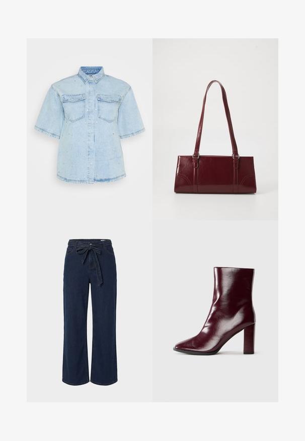 Helles Blues Denimhemd mit kurzen Ärmeln, ausgestattet mit zwei Fronttaschen und verziert mit kleinen silbernen Nieten entlang des gesamten Hemdes.; Dunkelblaue, weite Jeanshosen mit seitlichen Taschen und einem Stoffgürtel, der in einer Schleife an der Taille gebunden ist.; Schimmernder dunkelburgunderfarbener Lederstiefel bis zur Mitte der Wade mit spitzemZehenbereich und blockiertem hohen Absatz auf neutralem Hintergrund.; Burgunderfarbene Handtasche aus glänzendem Material, rechteckige Form, mit zwei Schulterriemen und subtilen, geschwungenen Akzenten an der Vorderseite.
