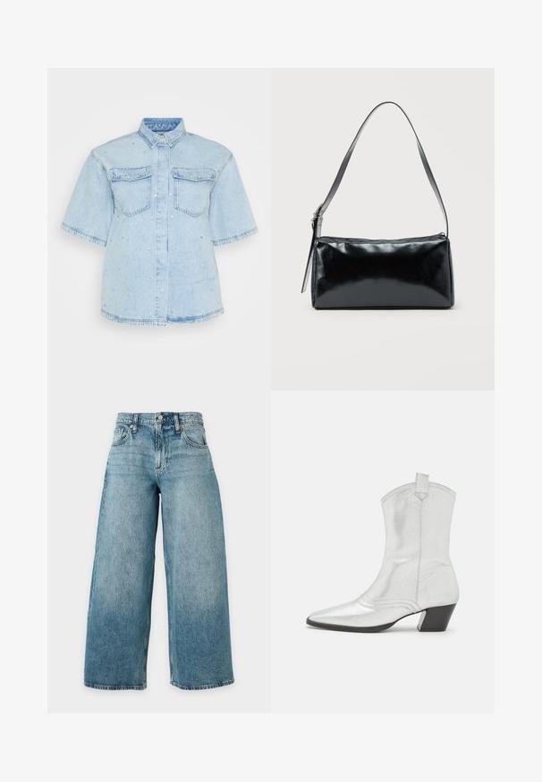 Lys blå denimskjorte med korte ærmer, der har to forlommer og er pyntet med små sølvnitter overalt.; Lyseblå denimjeans med høj talje, bred benudskæring, fem lommer, bæltestropper og knaplukning, vist mod en ensfarvet baggrund.; Castañer DIMBA - Cowboy- / bikerstøvlette - plata; Sort rektangulær skuldertaske med en enkelt justerbar rem og lynlås i toppen på en ensfarvet baggrund.