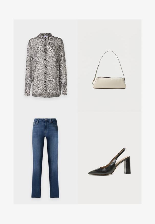 Gennemsigtig sort og hvid bluse med knaplukning fortil, lange ærmer og et abstrakt mønster med forskellige teksturer.; Mørkeblå denimjeans med lige pasform, klassisk fem-lomme design, frontknaplukning og subtilt slid, der giver en brugt effekt.; Sort læder peep-toe slingback sko med høj blokhæl og beige indvendig foring mod en ensfarvet lys baggrund.; Lille beige læder skuldertaske med tynd rem og lynlås, mærket med et diskret metal-logo på frontens midte.