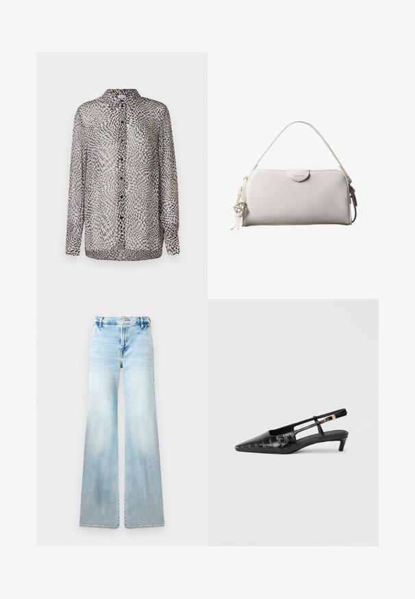 Gennemsigtig sort og hvid bluse med knaplukning fortil, lange ærmer og et abstrakt mønster med forskellige teksturer.; Lysblå flagrende jeans lavet af denim. Har en falmet vask, standardlommer og en knaplukning i taljen.; Sort læder slingback sko med spidse tæer og krokodillemønster, lille stablet hæl og justerbar rem med metal spænde detaljer.; Hvid rektangulær Calvin Klein håndtaske med enkelt håndtag, minimalistisk design og dekorative kvaster med geometrisk metalvedhæng på siden.