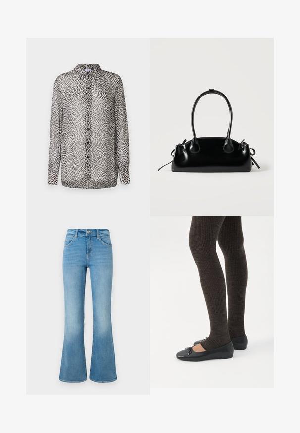 Blouse noire et blanche translucide avec un devant à boutons, des manches longues et un motif abstrait avec des textures variées.; Jean flare en denim bleu clair avec poches avant, passants de ceinture et fermeture à bouton sur un fond blanc.; Jambes portant des leggings côtelés foncés associés à des ballerines noires avec de petits détails en nœud sur fond blanc.; Petit sac à main noir brillant avec deux longues anses et des détails à cordon sur les côtés sur un fond clair uni.