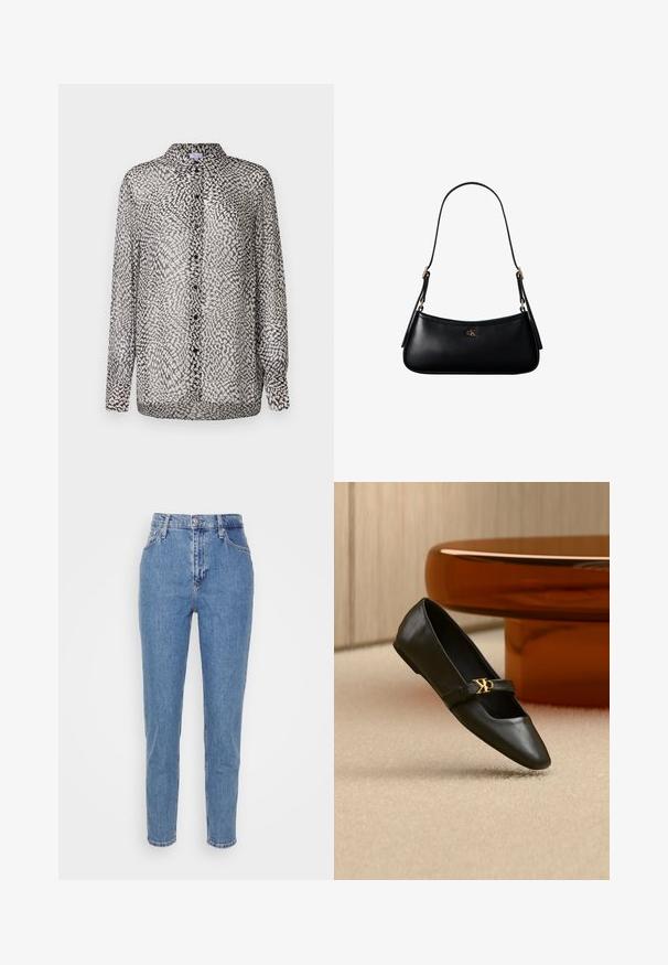 Transparante zwart-witte blouse met knoopsluiting aan de voorkant, lange mouwen en een abstract patroon met variërende texturen.; Blauwe high-waisted straight-leg jeans met een knoop en rits aan de voorkant, riemlussen en zakken, weergegeven op een effen witte achtergrond.; Zwarte leren platte schoen met puntige neus en gouden CK-logo op het bandje, geplaatst op een beige tapijt bij een ronde amberbruine tafel.; Zwarte leren mini schoudertas met een dun riempje en klein goudkleurig CK-logo aan de voorkant in het midden.