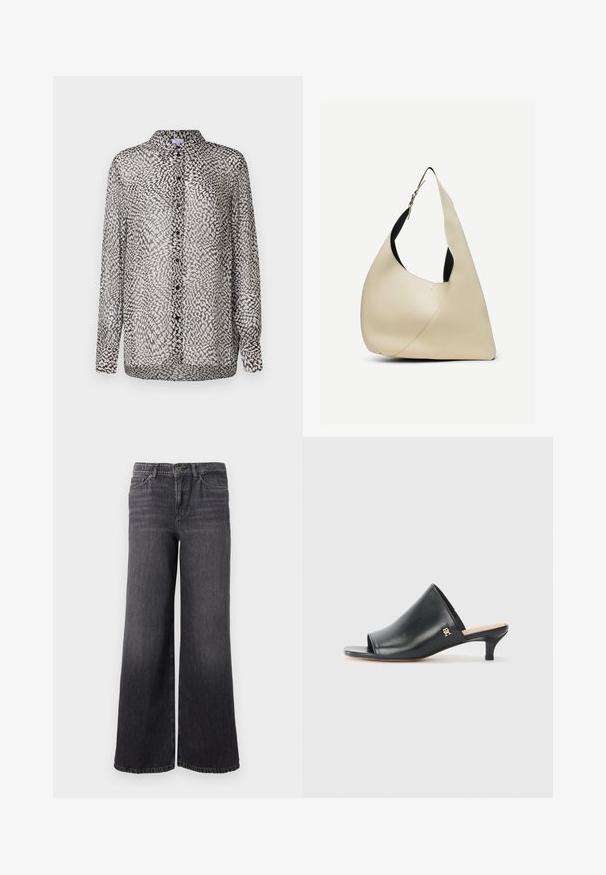 Gennemsigtig sort og hvid bluse med knaplukning fortil, lange ærmer og et abstrakt mønster med forskellige teksturer.; Bredde ben mørkegrå denimjeans med en subtil falmning, der har knaplukning, fem lommer og en lige kant ved anklen.; Sorte læder open-toe mules med en lav hæl. Har en glat overflade og et guld logo-prim på siden.; Skuldertaske i cremelærret glat læder med buet trekantet form og justerbar rem med sølvspænde.