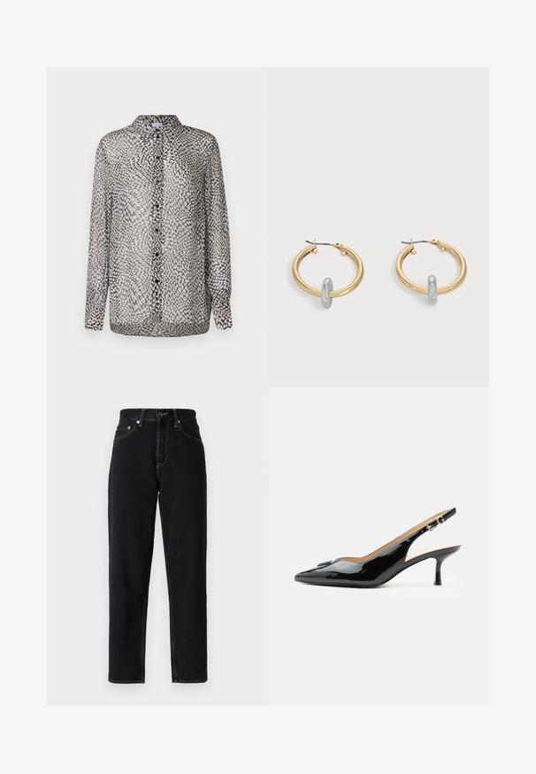 Blouse noire et blanche translucide avec un devant à boutons, des manches longues et un motif abstrait avec des textures variées.; Jeans en denim noir avec une coupe droite, taille haute et coutures contrastantes. Comprend cinq poches et une fermeture à glissière.; Escarpin slingback en cuir verni noir avec bout pointu, petit talon kitten et bride à boucle argentée sur fond blanc uni.; Paire de boucles d'oreilles créoles dorées avec un petit détail boucle ton argent sur chaque, exposées sur fond gris clair.