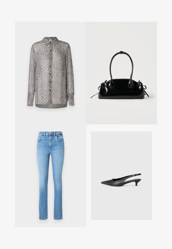 Gennemsigtig sort og hvid bluse med knaplukning fortil, lange ærmer og et abstrakt mønster med forskellige teksturer.; Lysblå denimjeans med lige ben, høj talje, traditionel fem-lomme styling og subtile falmningsdetaljer.; Sorte spidse slingback-sko lavet af glat læder. Har en tynd hæl og en spænde detalje på den justerbare rem.; Lille sort blank håndtaske med to lange håndtag og snøre-detaljer i siden på en ensfarvet lys baggrund.
