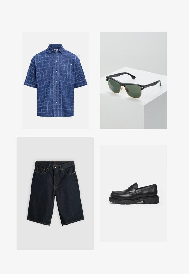 Chemise à manches courtes, à carreaux bleus, à boutonner avec col et poche poitrine, présentée sur un fond uni.; Shorts en jean bleu foncé longueur genou avec bouton devant, fermeture éclair et cinq poches, posés à plat sur un fond gris clair.; Mocassin en cuir noir avec semelle épaisse crantée et détail de bride penny, présenté en profil droit sur fond blanc.; Lunettes de soleil Ray-Ban avec des verres verts, monture en plastique noir et accents dorés sur les bords. Forme carrée avec une finition mate.
