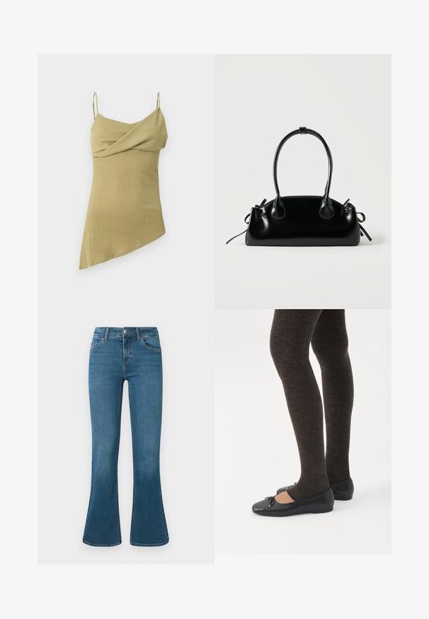 Robe asymétrique vert olive clair avec fines bretelles spaghetti et tissu texturé.; Jean en denim bleu évasé avec une taille mi-haute, design à cinq poches et un subtil détail de couture. Texture lisse avec un lavage classique.; Jambes portant des leggings côtelés foncés associés à des ballerines noires avec de petits détails en nœud sur fond blanc.; Petit sac à main noir brillant avec deux longues anses et des détails à cordon sur les côtés sur un fond clair uni.