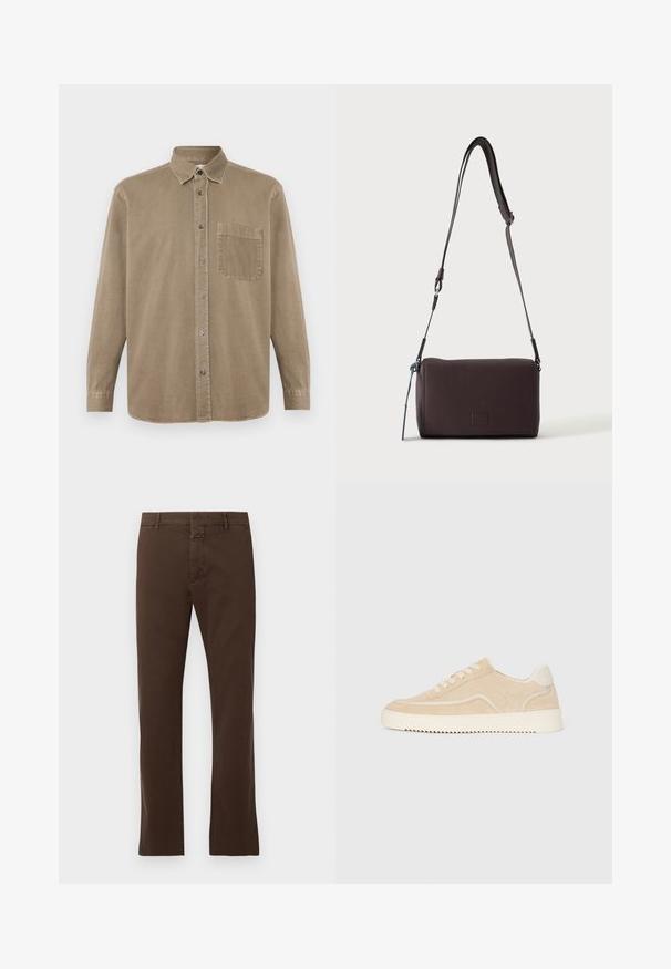 CLOSED FORMAL ARMY SHIRT - Skjorter - rock beige; CLOSED CLIFTON TRUE - Chino - espresso brown; Beige ruskinds sneakers med hvid sål og snørebånd, lavtop design og zigzag mønster på sålen.; Mørkebrun textured læder crossbody taske med justerbar rem og lille dekorativ blå accent på siden.
