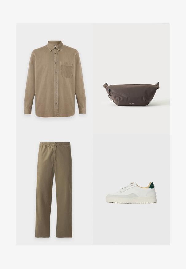 CLOSED FORMAL ARMY SHIRT - Chemise - rock beige; Pantalons kaki en tissu léger. Dotés d'une taille élastique, d'une fermeture à boutons, de jambes droites et d'une texture lisse.; Baskets blanches avec des accents en daim, bout arrondi, lacets plats et semelle en caoutchouc crème. Présente une marque verte sur le talon.; Sac banane en tissu marron foncé avec poche zippée en diagonale et petit logo blanc sur le devant, sur un fond clair uni.