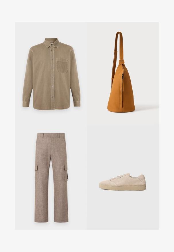 CLOSED FORMAL ARMY SHIRT - Skjorter - rock beige; Brune cargo-bukser med lige ben, sidelommer med klap og bæltestropper, fremstillet i et tekstureret stof.; Beige ruskinds sneaker med en rund tå, flade snørebånd og en tekstureret gummisål. Minimalistisk design med glatte kanter og diskret syning.; Tan læder crossbodytaske med justerbar rem og lodret lynlåslomme, vist fra siden mod en ensfarvet lys baggrund.