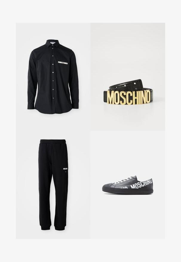 Camisa negra de manga larga con botones y cuello, con un detalle de bolsillo con banda plateada. Tela suave, ajuste clásico y cierre de botones.; Pantalones de chándal negros con un corte relajado, hechos de una tela suave. Presentan una cintura elástica y el logo blanco de "Moschino" en el muslo izquierdo.; Zapatilla deportiva negra de corte bajo con cordones blancos y "MOSCHINO" impreso en grandes letras blancas a lo largo del lateral y el talón.; Cinturón de piel negra con textura de cocodrilo y un gran logo dorado de "MOSCHINO" como hebilla. Presenta múltiples agujeros de ajuste.