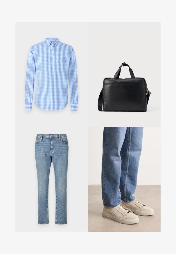 Blå og hvid ternet skjorte med lange ærmer, krave og en brystlomme. Stoffet fremstår glat og let.; Lyseblå denimjeans med lige ben-design, der har fem lommer og knaplukning foran. En falmet tekstur tilføjer visuel interesse.; BOSS GARYTENN_SDHDEL - Sneakers - natural ten; Sort lædertaske med rektangulært design, to håndtag, aftagelig skulderrem og få dekorationer.