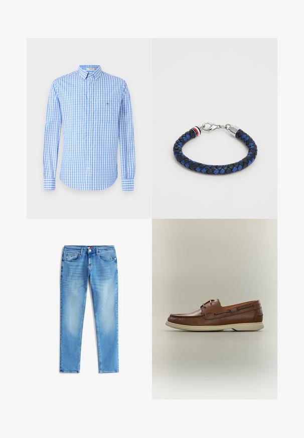 Blauw en wit geruit overhemd met lange mouwen, een kraag en een borstzak. De stof lijkt glad en licht van gewicht.; Lichtblauwe slim-fit jeans met vervaagde details, knopen aan de voorkant, lussen voor een riem en vijf zakken, plat neergelegd op een witte achtergrond.; Bruine leren bootschoen met beige rubberen zool en veterdetail, zijaanzicht op een neutrale achtergrond.; Vlecht leren armband in blauw en marine met een zilveren sluiting. Heeft een accent met rood, wit en blauwe strepen nabij de sluiting.