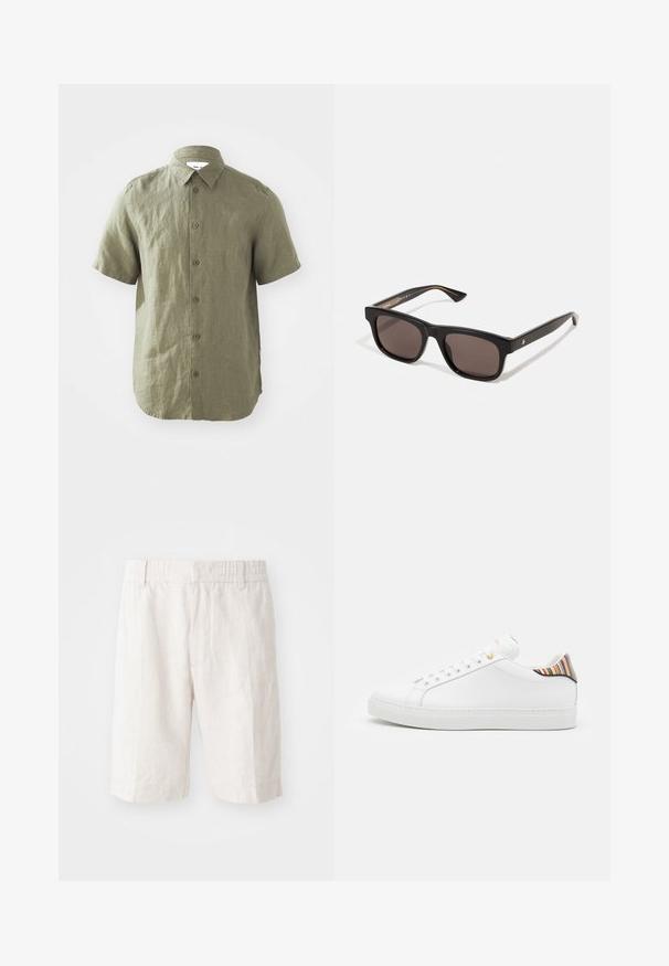 Chemise à manches courtes vert olive en tissu texturé, dotée d'une fermeture à boutons sur le devant et d'un col, avec des coutures visibles et un ourlet arrondi.; Shorts en lin beige clair avec une taille élastique, poches latérales et une coupe droite. Texture lisse avec des coutures minimales visibles.; Baskets en cuir blanc avec une finition lisse, présentant un accent rayé coloré au niveau du talon, des œillets dorés et une semelle blanche plate.; Lunettes de soleil noires rectangulaires avec des verres foncés. Monture en plastique à texture lisse et détail de marque subtil à l'intérieur de la branche.