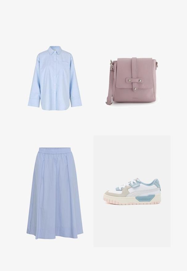 Helles blaues, langärmliges Hemd mit Knopfleiste aus einem weichen, leichten Stoff. Verfügt über eine Brusttasche und ein klassisches Kragen-Design.; Hellblauer, knielanger A-Linien-Rock mit elastischem Bund und weichen Falten, vor weißem Hintergrund präsentiert.; Sneaker mit einem Obermaterial aus weißem Leder, hellblauen Akzenten, beigen Wildlederpaneelen und einer strukturierten rosa Gummisohle; gesticktes Logo an der Seite.; Kleine mauvefarbene Leder-Umhängetasche mit Frontklappe, silbernen Knopfdetails und verstellbarem Riemen.