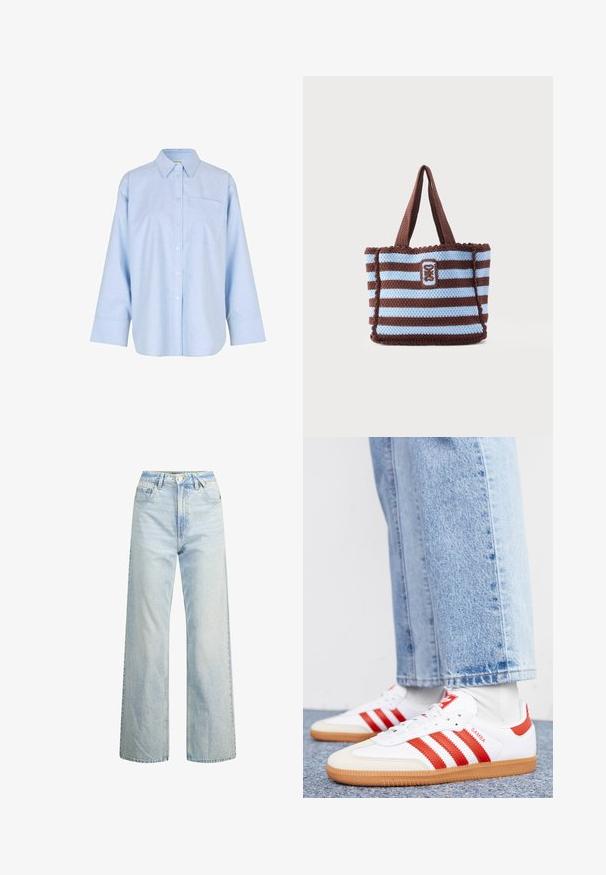 Lichtblauw, lang-ingenomen knoopshirt gemaakt van een zachte, lichte stof. Voorzien van een borstzak en een klassiek kraagontwerp.; Lichtgekleurde denim wijde jeans met hoge taille, klassieke vijf-pocketontwerp en contrasterende stiksels. Rechte pijp en rafelige zoom.; Witte leren sneakers met rode strepen en accenten. Voorzien van een getextureerde gumrubberen outsole en een gevoerde kraag. Draag ze met lichtblauwe denim.; Bruin en lichtblauw gestreepte gehaakte draagtas met twee handvatten en een rechthoekige geborduurde patch aan de voorkant in het midden.