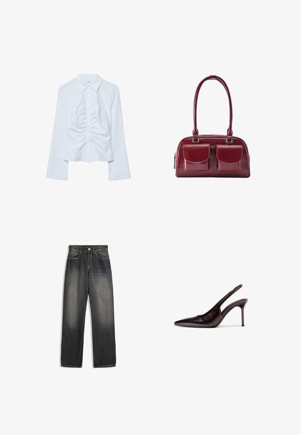 Chemise blanche à manches longues avec boutons, col pointu et détail froncé plissé au centre avant.; Jeans en denim délavé foncé avec une coupe décontractée, présentant une jambe droite, des coutures visibles et un effet dégradé usé à l'avant.; Chaussure à talon haut pour femmes en cuir marron foncé, avec bride arrière, bout pointu et talon aigu slim, sur fond blanc.; Sac à main en cuir rouge foncé avec deux poches avant à rabat et longues bandoulières, présenté sur fond blanc.