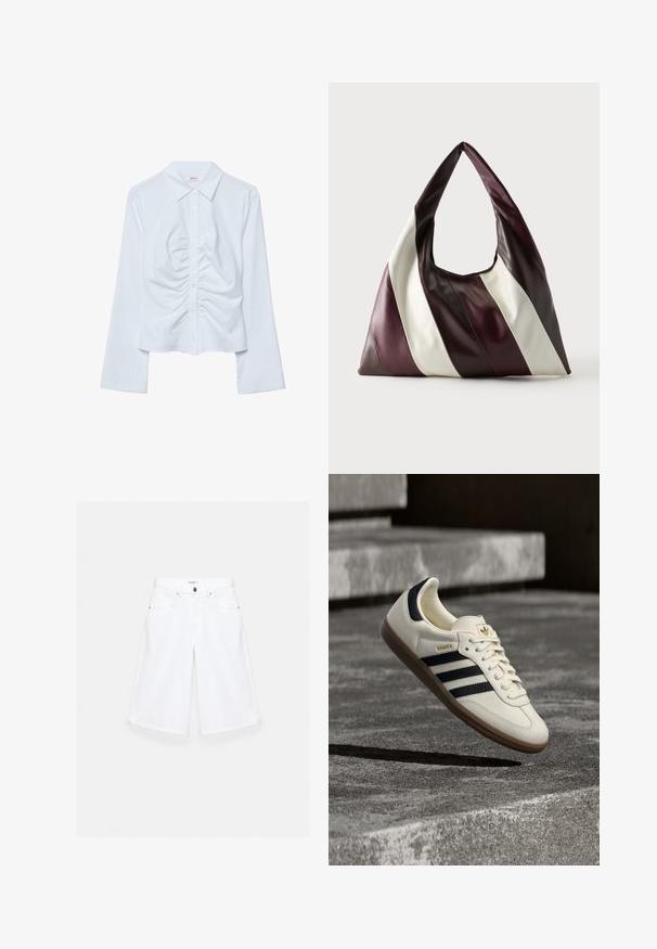 Chemise blanche à manches longues avec boutons, col pointu et détail froncé plissé au centre avant.; Short en denim blanc jusqu'au genou avec poches avant, passants de ceinture et fermeture par bouton.; Baskets blanches Adidas Samba avec des bandes noires et une semelle en gomme, flottant au-dessus de marches en béton gris texturé.; Grand sac à main triangulaire en cuir avec de larges rayures diagonales marron foncé, bordeaux et crème sur un fond uni.