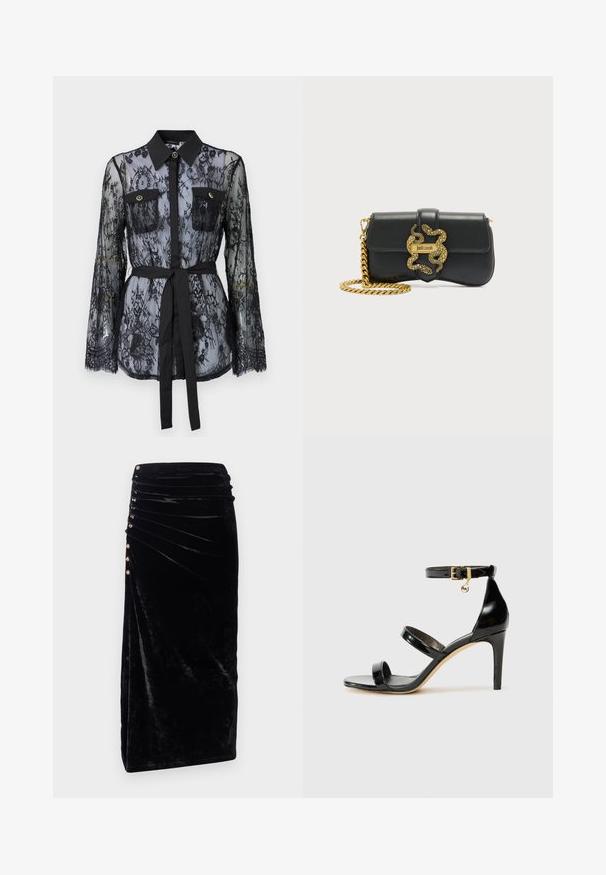 Schwarze Spitzenbluse mit langen Ärmeln, knöpfbaren Brusttaschen, klassischem Kragen und einem Stoffgürtel, der an der Taille gebunden ist. Transparenter Design.; Rabanne Bleistiftrock - black; Schwarze Lackleder-Sandale mit drei Riemen, Knöchelriemen und 10 cm hohen Stiletto-Absatz. Verfügt über goldfarbene Hardware-Details und ein Logo-Charm.; Schwarze Leder-Umhängetasche mit goldener Kettenriemen und dekorativer goldener Schlangenschnalle mit dem "Just Cavalli"-Logo.