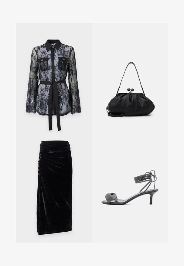 Zwarte kanten blouse met lange mouwen, knoopzakken op de borst, een klassieke kraag en een stoffen riem die op de taille is gestrikt. Doorzichtige uitstraling.; Rabanne Kokerrok - black; Grijze leren sandaal met hak, voorzien van een geknoopte band bij de tenen en wikkellinten rond de enkel op een slanke sandaal met een middenhoge hak, tegen een witte achtergrond.; Weekend Max Mara CUBICO - Clutch - schwarz