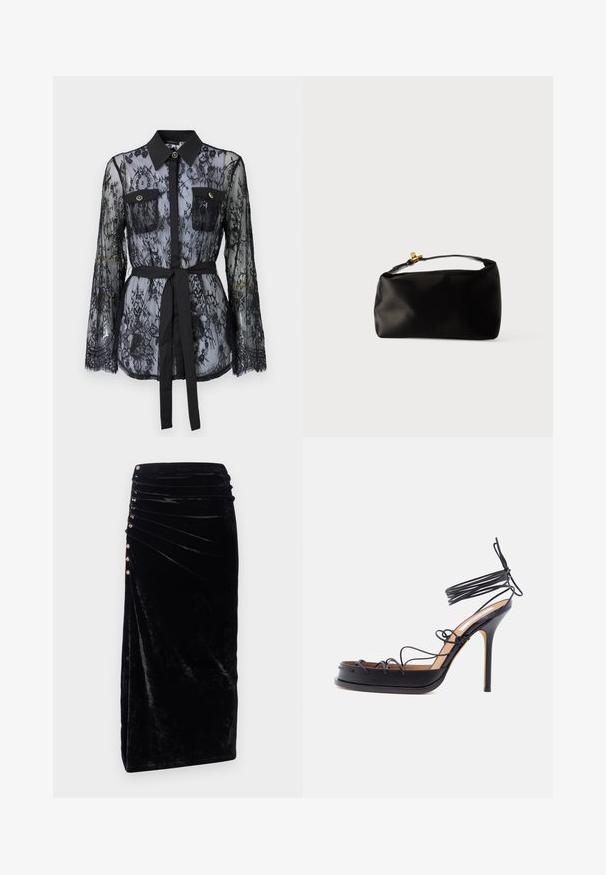 Schwarze Spitzenbluse mit langen Ärmeln, knöpfbaren Brusttaschen, klassischem Kragen und einem Stoffgürtel, der an der Taille gebunden ist. Transparenter Design.; Rabanne Bleistiftrock - black; Schwarze Sandalette mit hohen Absätzen und dünnen Lederriemchen, die sich um den Fuß und das Sprunggelenk wickeln, mit spitz zulaufendem Stiletto-Absatz.; Schwarze Satinbeuteltasche mit runder Form, einem oberen Griff und einem goldenen Verschlussakzent. Glatte Oberfläche mit minimalistischer Gestaltung.