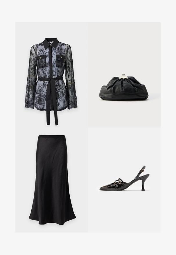 Schwarze Spitzenbluse mit langen Ärmeln, knöpfbaren Brusttaschen, klassischem Kragen und einem Stoffgürtel, der an der Taille gebunden ist. Transparenter Design.; Schwarzer, bodenlanger Rock aus glattem Stoff; hat einen taillierten Bund und einen ausgestellten Saum mit leichtem Glanz und bewegungsförderndem Fall.; ALOHAS JOELLE ONIX - Pumps - black; Schwarze Leder-Clutch mit geraffter Textur, Metallverschluss und dezentem, auf der Vorderseite geprägtem Logo. Abgerundete Form.